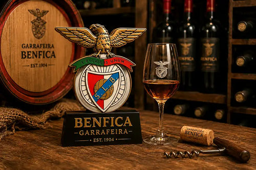 Benfica-themed wine bottle and glass on a wooden table with a barrel and wine bottles in the background.