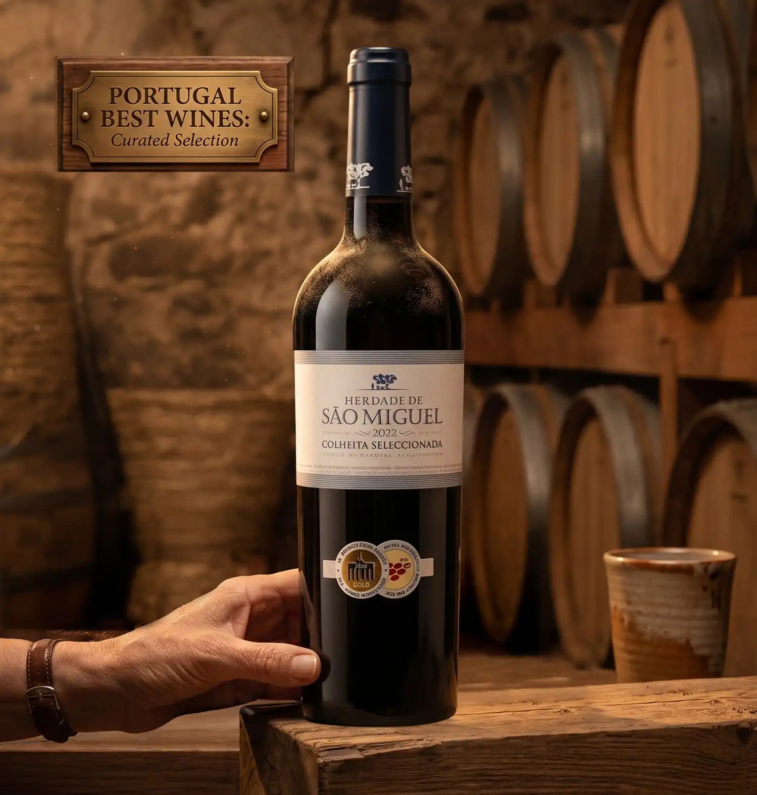 Bottle of Herdade de Sao Miguel wine held by a hand in front of wooden barrels, with a sign indicating 'Portugal Best Wines'.