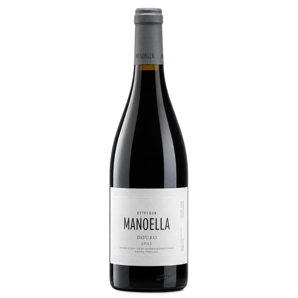 A bottle of Manoella Douro red wine with a white label and gray foil, photographed against a solid white background.