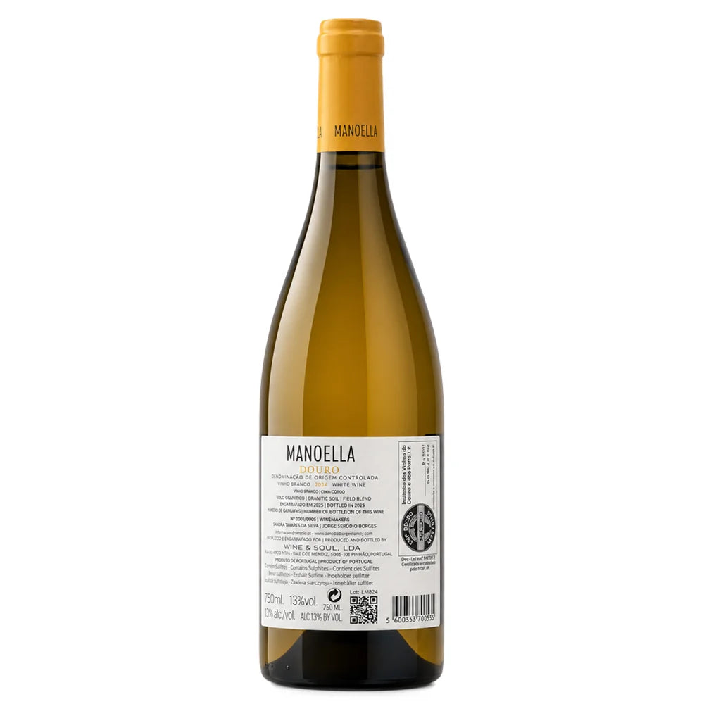 A bottle of Manoella Verdelho White wine with a yellow-orange foil capsule and a white label, shown against a plain white background.