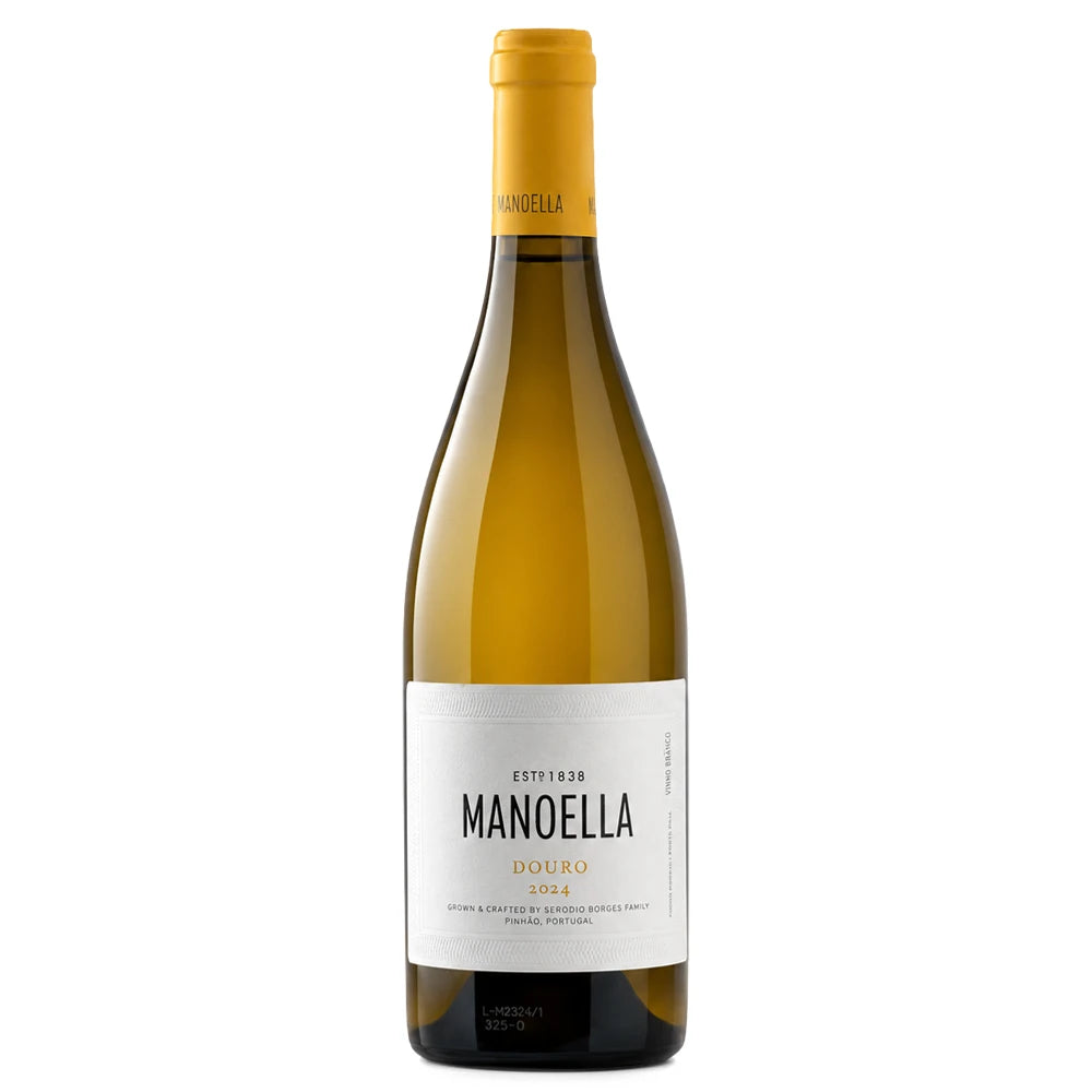 A bottle of Manoella Douro white wine with a white label and a yellow-orange foil capsule, set against a plain white background.