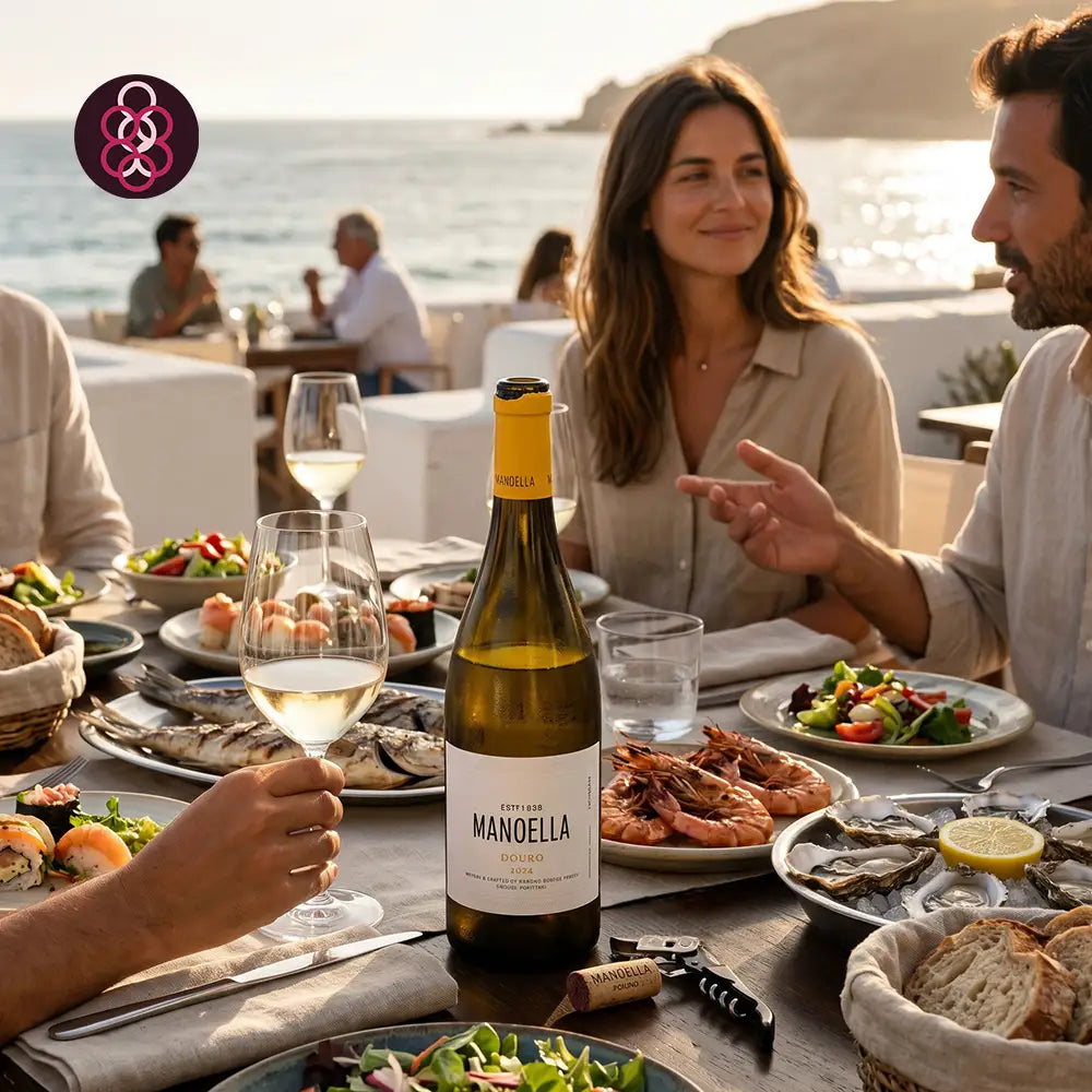 A bottle of Manodella white wine is centered on a dining table surrounded by people at an outdoor seaside restaurant at sunset. Plates of seafood, salad, bread, and wine glasses are visible, with the ocean and cliffs in the background.