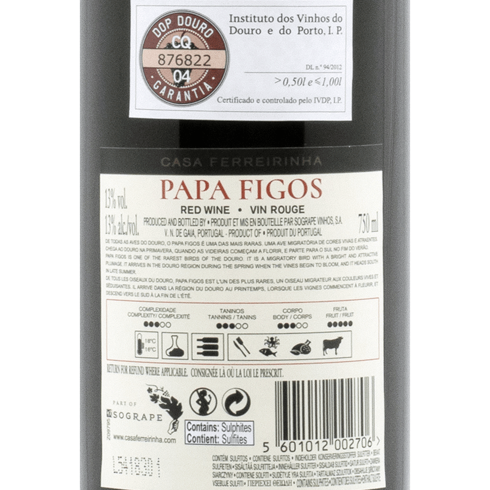 Papa Figos Douro red wine back label from Casa Ferreirinha Portugal