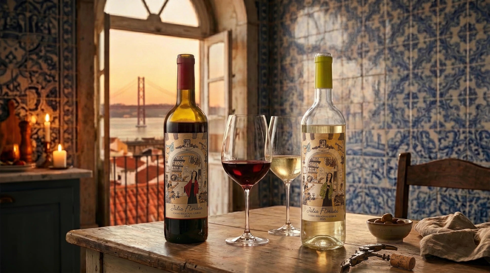 Two wine bottles on a table with glasses, candles, and a scenic view through a window.