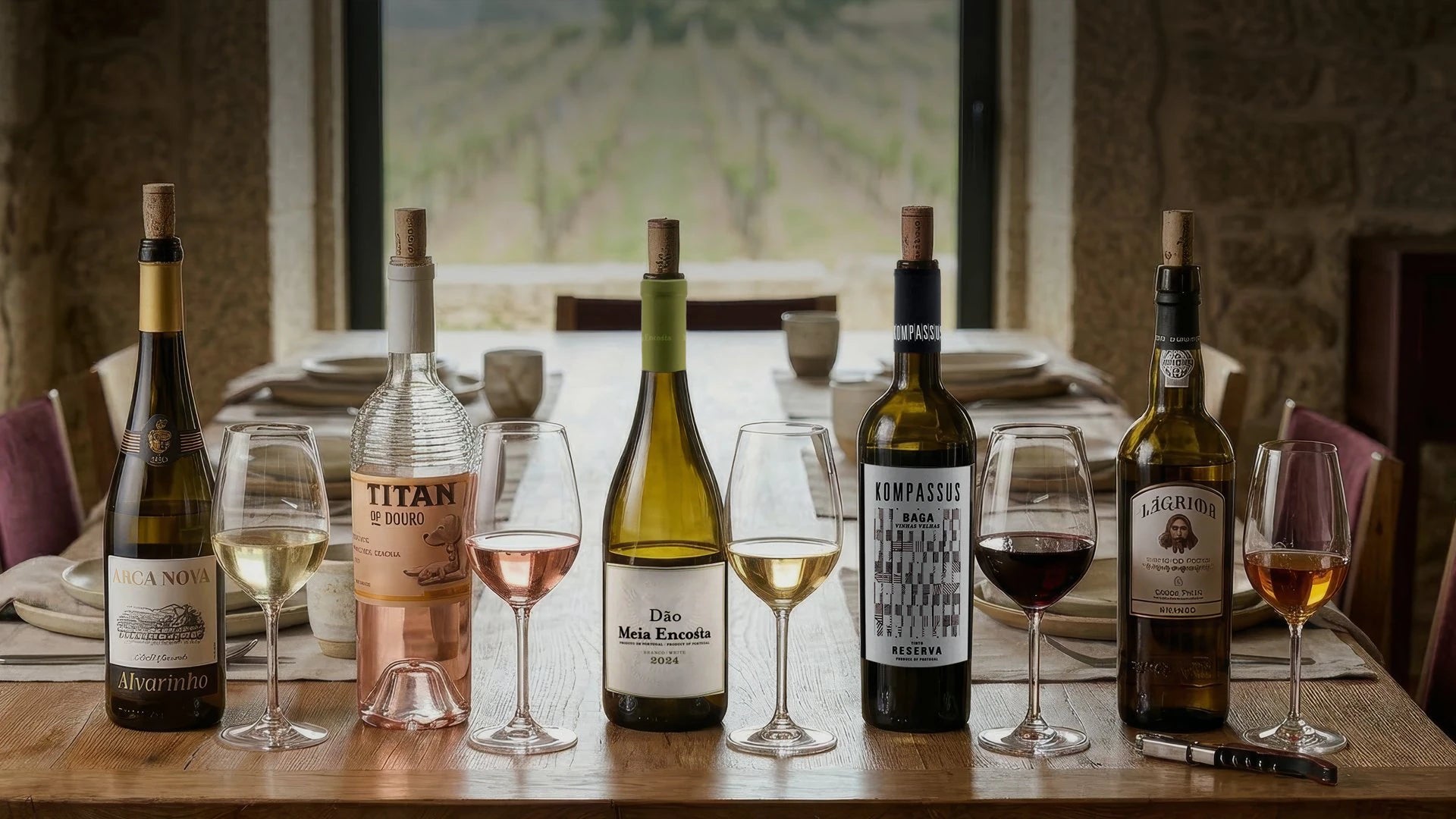 Wine bottles and glasses on a table with a scenic background