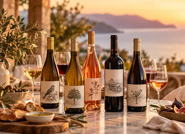 Six wine bottles of various colors and styles arranged on a marble table with wine glasses, bread, and figs, set against a scenic sunset sea view background.